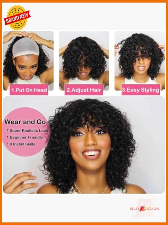 Short Bob Wig Human Hair Glueless Water Wave 12 Inches 210% Density W/Bangs